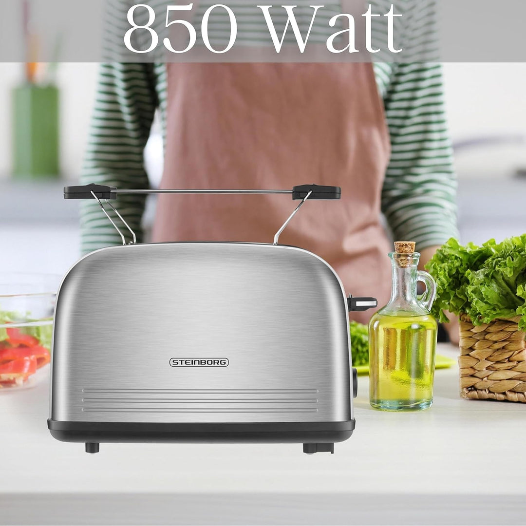 Edelstahl Toaster mit Brötchenaufsatz | Toaster 2 Scheiben | Doppelschlitz Toaster | 7 Stufen | 4 Fu