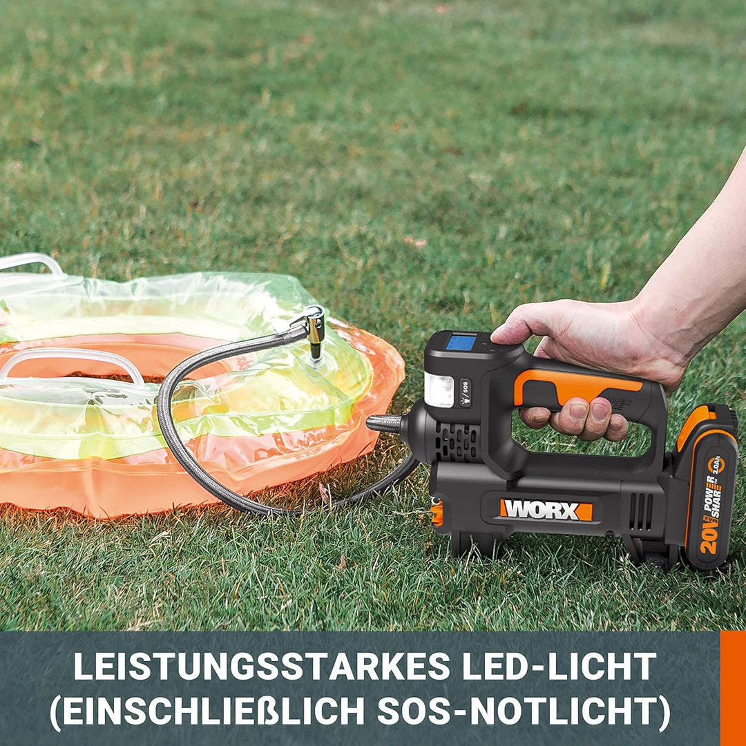 WORX - Luftkompressor und LED-Projektor, kabellos, 150 PSI – 20 V-2 Ah – WX092 (Lieferung mit Akku u