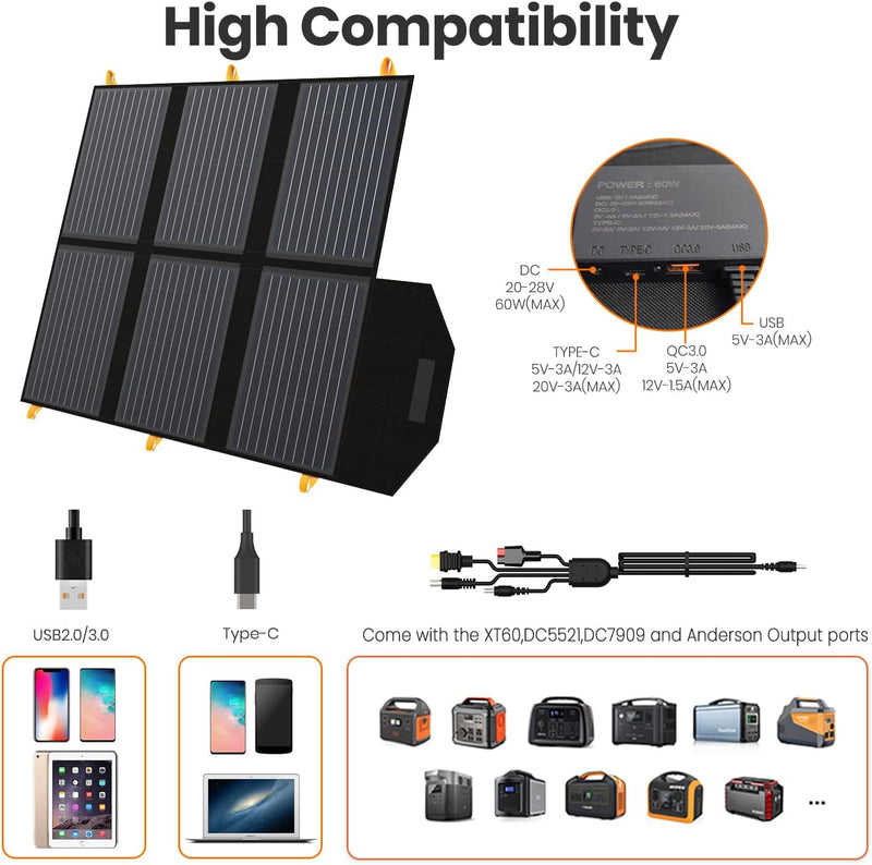 Solarpanel 60W,Solar Ladegeräte Tragbare QC3.0 USB-A PD3.0 USB-C Ausgang faltbar IP65 wasserdicht St