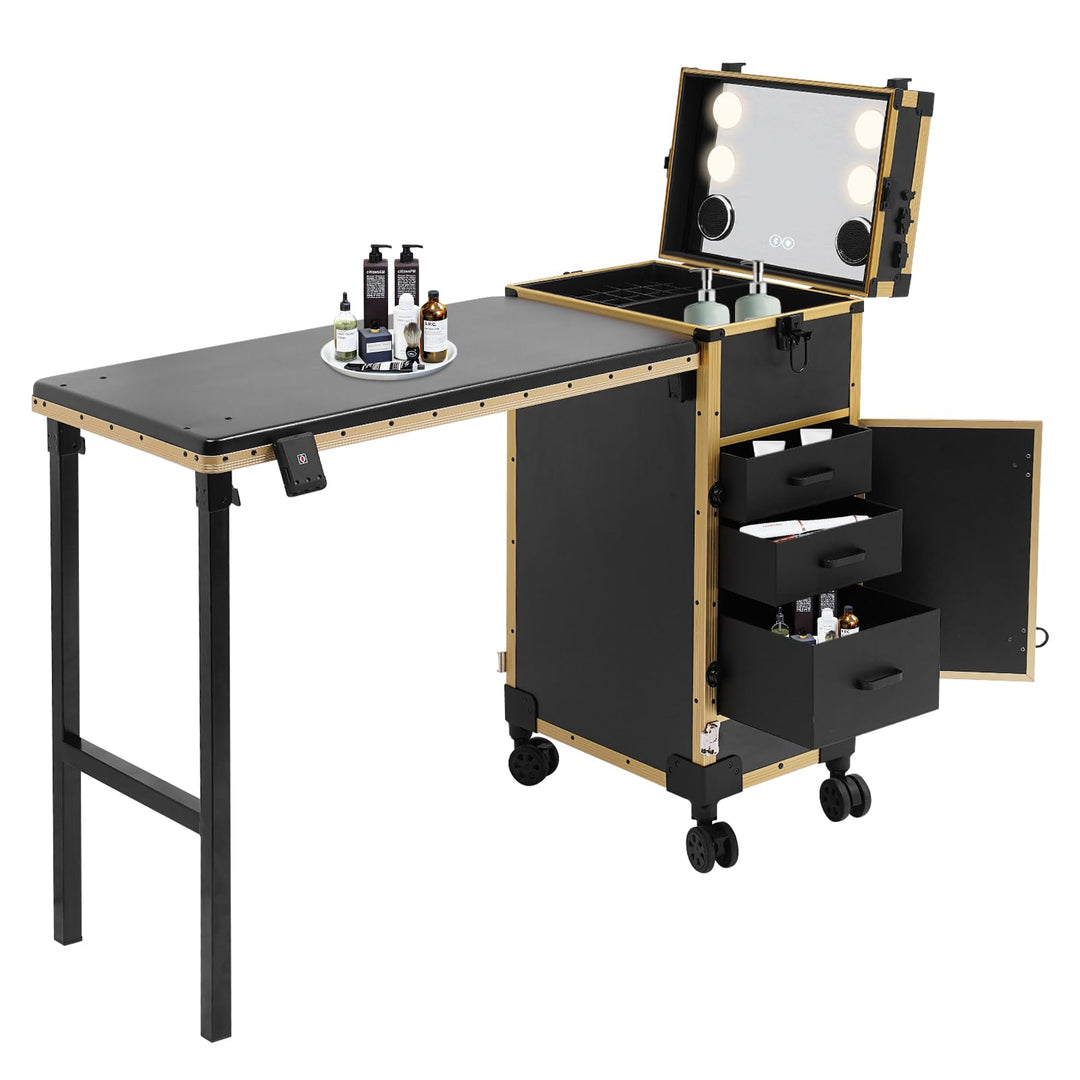 Professioneller Schminkkoffer mit Klappbarer Tisch, Rollender Friseurkoffer mit Spiegel & 3 Schublad