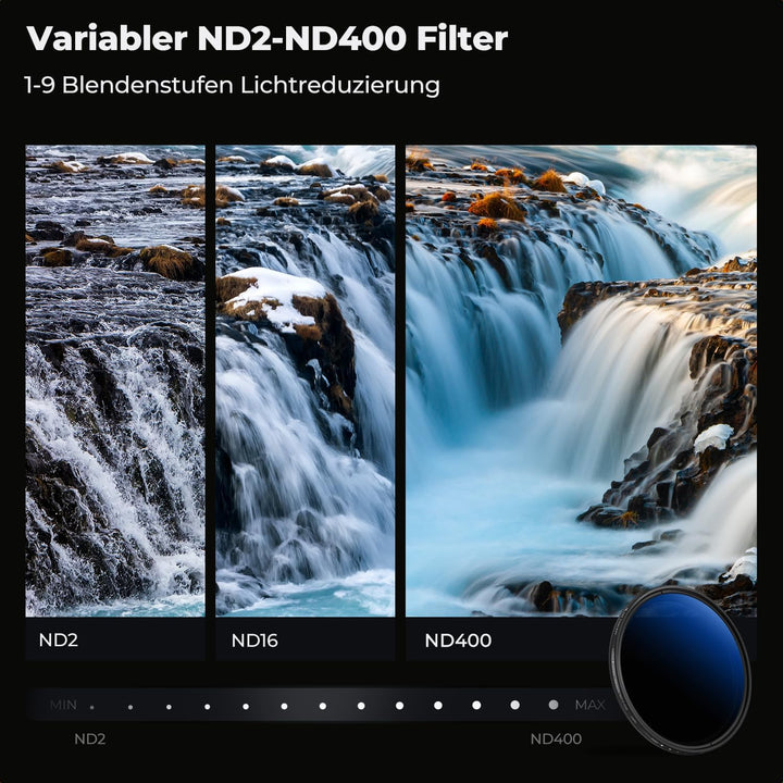 K&F Concept K-Serie 58mm ND Filter Slim Variabler Graufilter ND2-400 (1-9 Stop) Neutral Graufilter,
