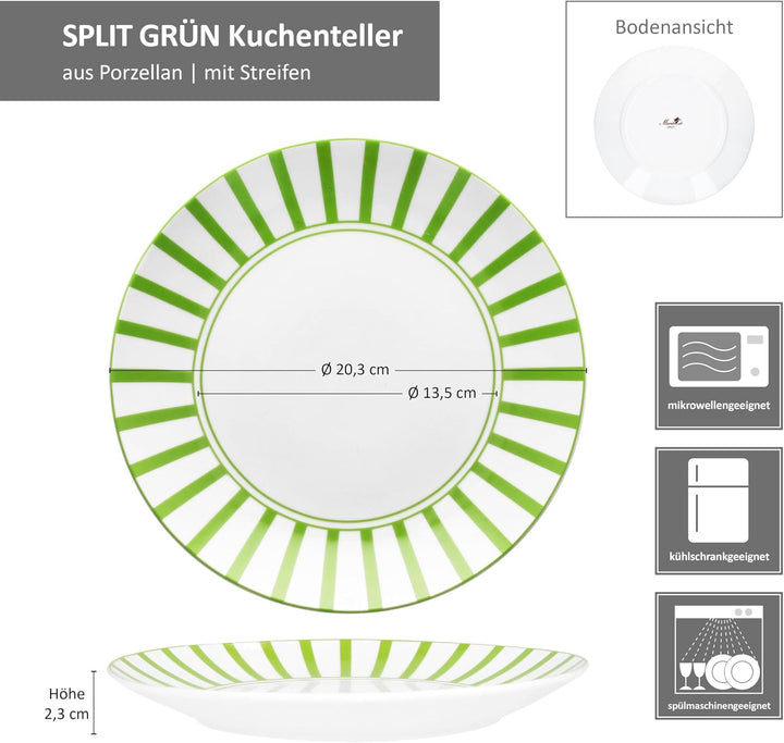 MamboCat Split grün 6er Set Kuchenteller I weisses Porzellan-Frühstücksteller mit Streifen für 6 Per