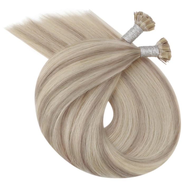 Ugeat Keratin Extensions Echthaar Flat Tip 45cm Keratin Haarverlängerung Echthaar Gesträhnt Aschblon