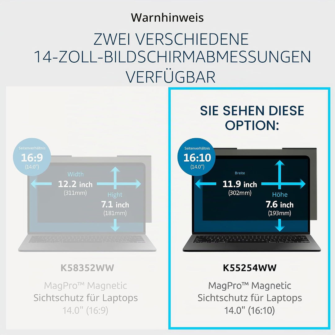 Kensington MagPro™ Magnetischer Blickschutzfilter für Laptops 14 Zoll, 16:10, Magnetische Schutzfoli