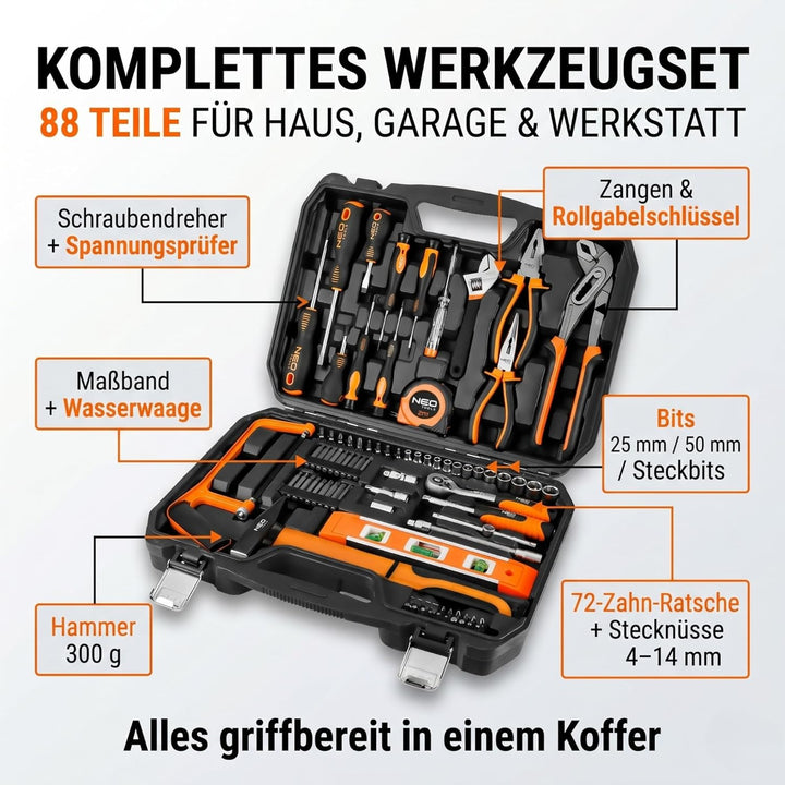 NEO TOOLS Handwerker-Werkzeugsatz, 88 Teile im robusten Koffer | 1/4" Schraubenschlüssel, Inbusschlü