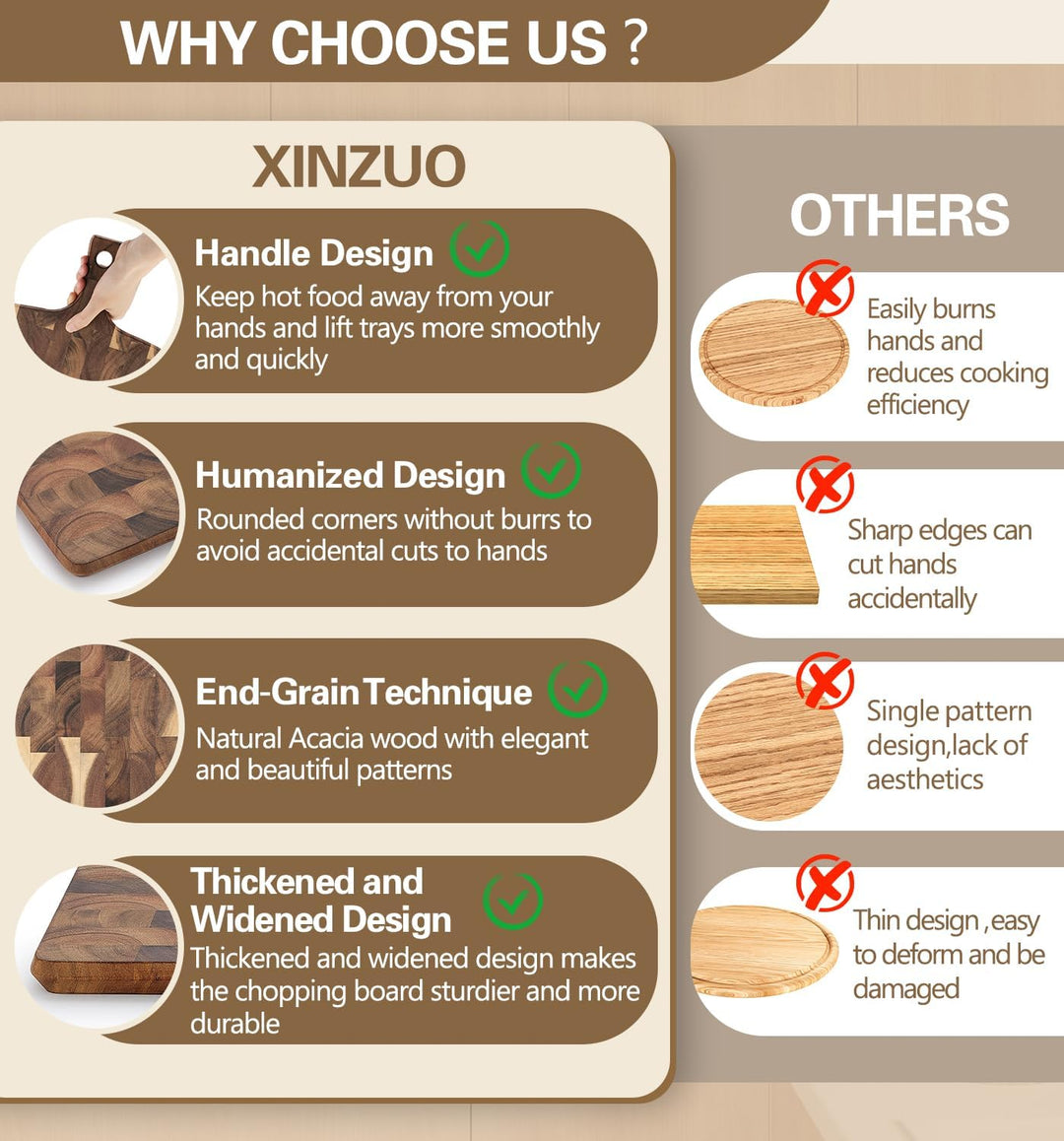 XINZUO Schneidebrett aus Akazienholz 41 * 22 * 1,9cm Rechteckiges Servierbrett mit Griff, Hackbrette