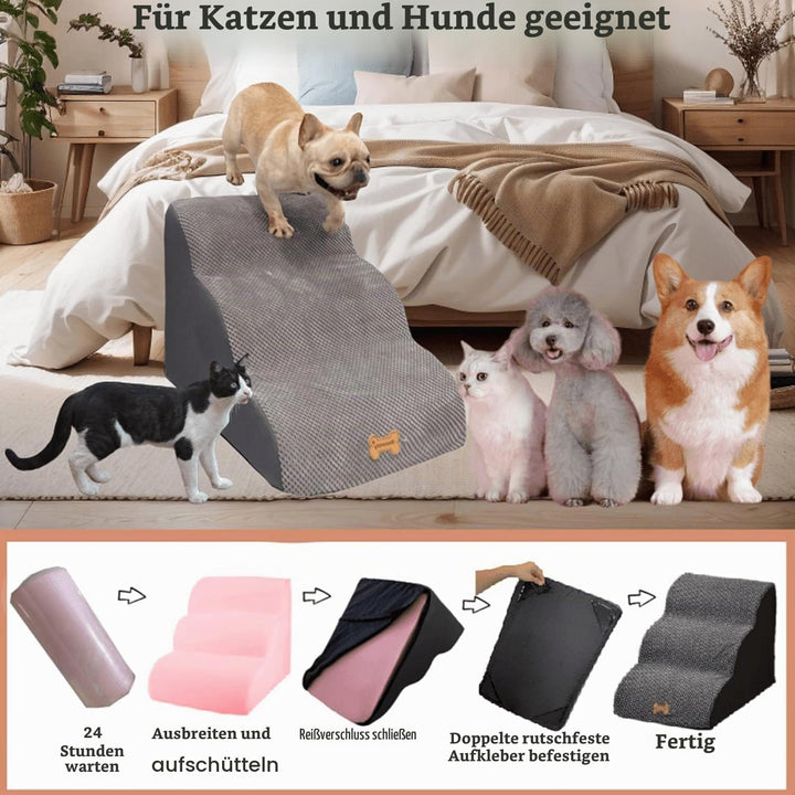 Breiter Hundetreppe 3 Stufen 30cm hoch für Kleine Hunde, Hochdichtem Schaumstoff Haustiertreppe, Was