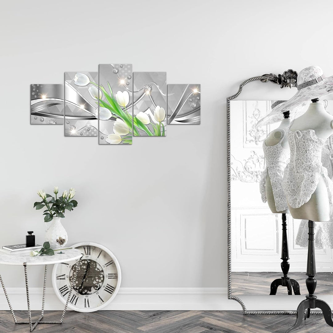 Runa Art Wandbilder Blumen Tulpen 5 Teilig Bild auf Vlies Leinwand Deko Wohnzimmer Diamant Grau Grün