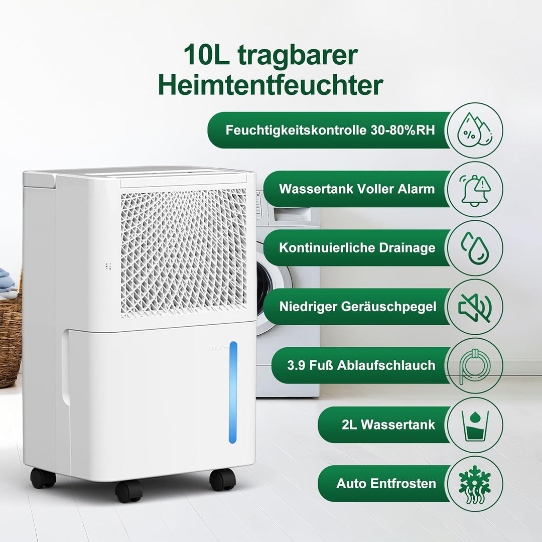 Luftentfeuchter Elektrisch,10L/Tag Hochleistungs Entfeuchter,Raumentfeuchter mit Wäschetrocknung, Ab