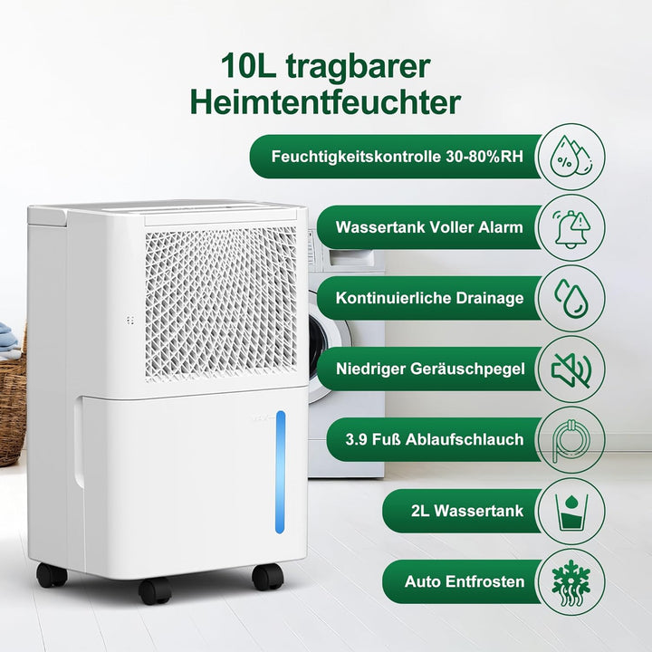Luftentfeuchter Elektrisch,10L/Tag Hochleistungs Entfeuchter,Raumentfeuchter mit Wäschetrocknung, Ab