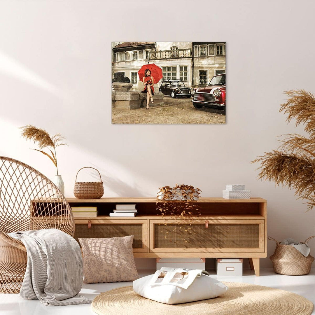Bilder auf Leinwand Attraktiv Frau Spaziergang Regenschirm Leinwandbild 70x50cm Wandbilder Dekoratio