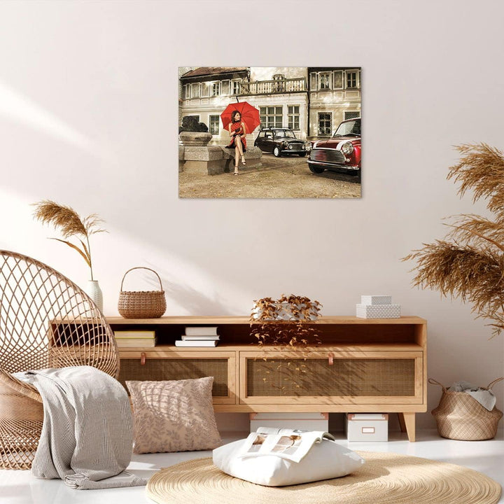 Bilder auf Leinwand Attraktiv Frau Spaziergang Regenschirm Leinwandbild 70x50cm Wandbilder Dekoratio