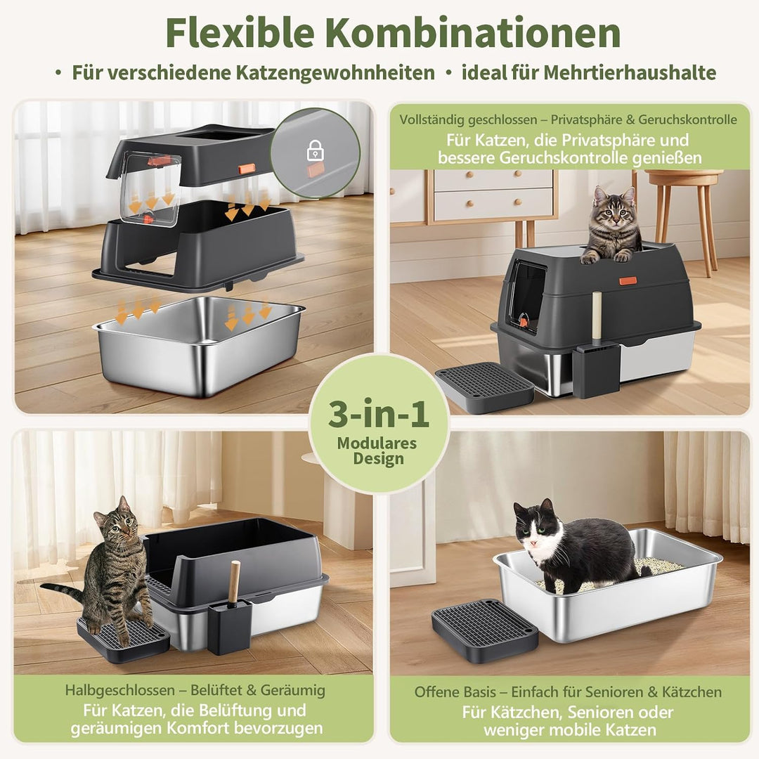 Gimars 3 in 1 Hochwandiger Anti-Auslauf Edelstahl Katzentoilette XXL mit Deckel, Extra Grosses Gesch