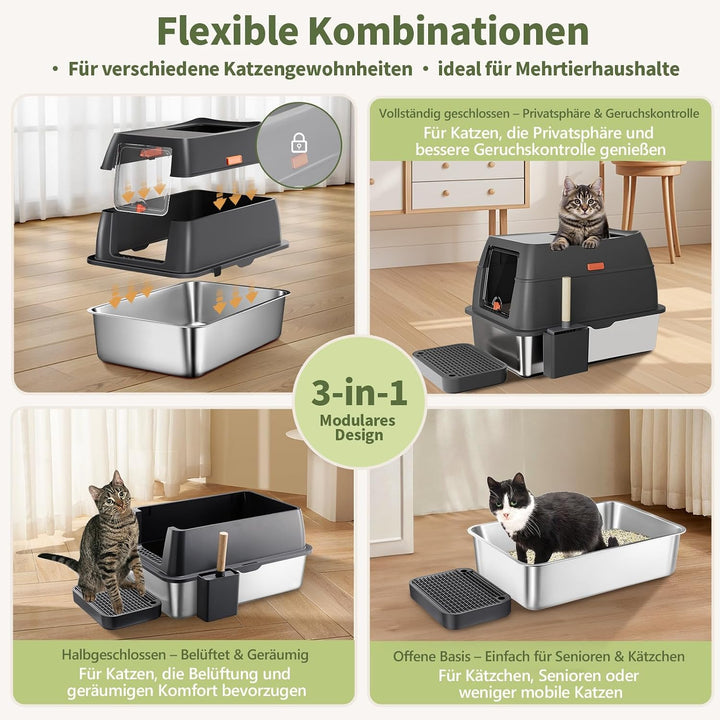 Gimars 3 in 1 Hochwandiger Anti-Auslauf Edelstahl Katzentoilette XXL mit Deckel, Extra Grosses Gesch