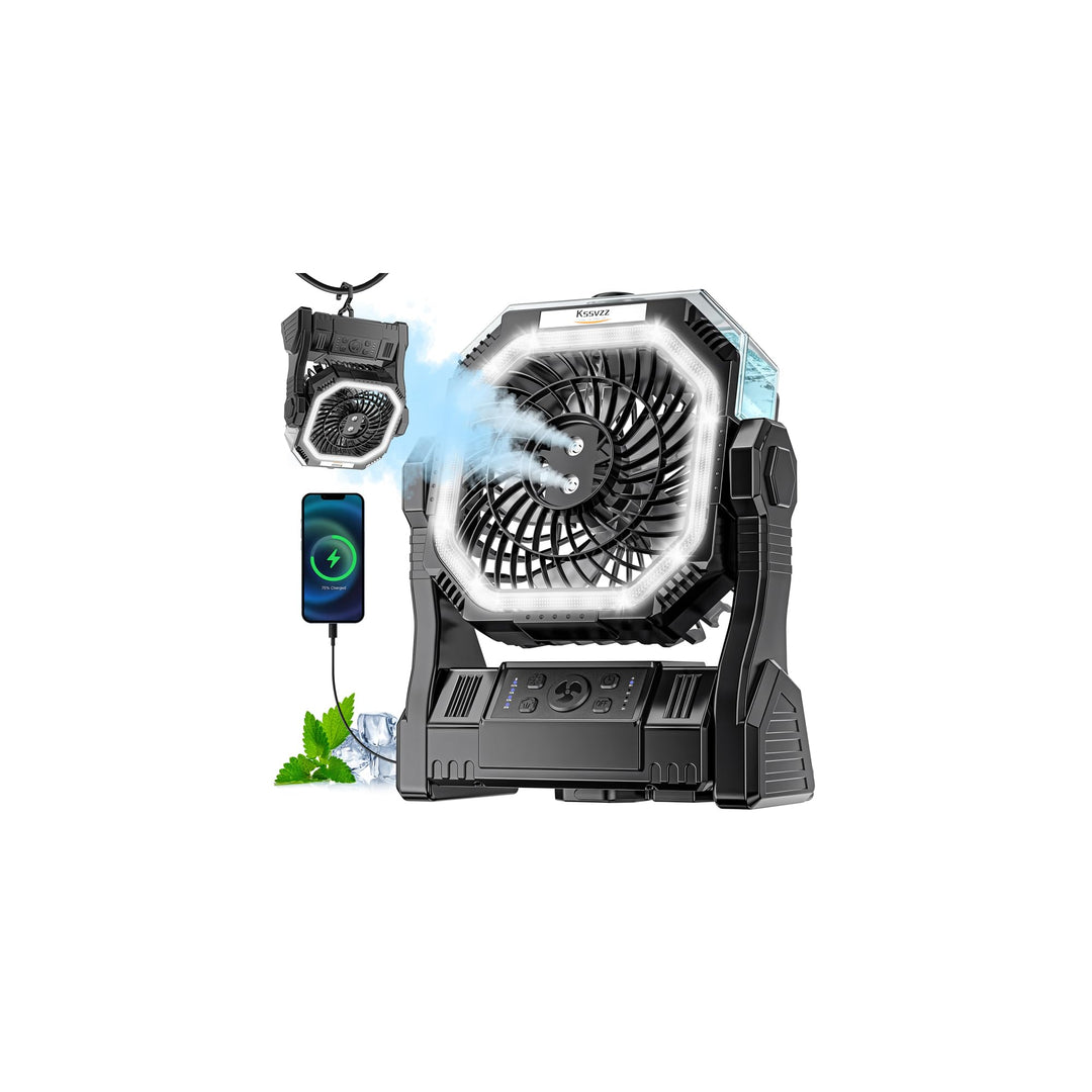 Kssvzz Camping Ventilator mit Sprühnebel, 20000mAh Wiederaufladbarer Tragbarer Akku Ventilator mit 3