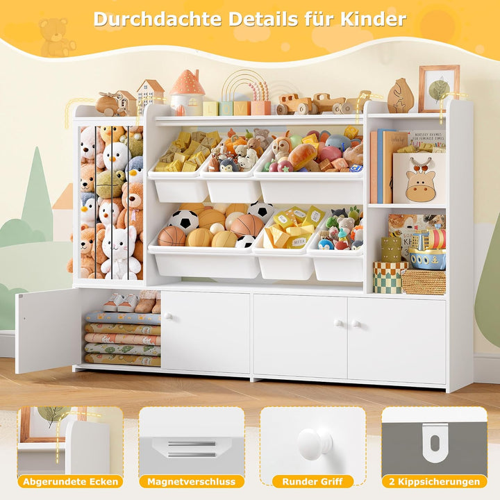 FOREHILL 137cm Breit Kinderregal, Kuscheltier Aufbewahrung, Bücherregal Kinder mit 6 Spielzeugkisten