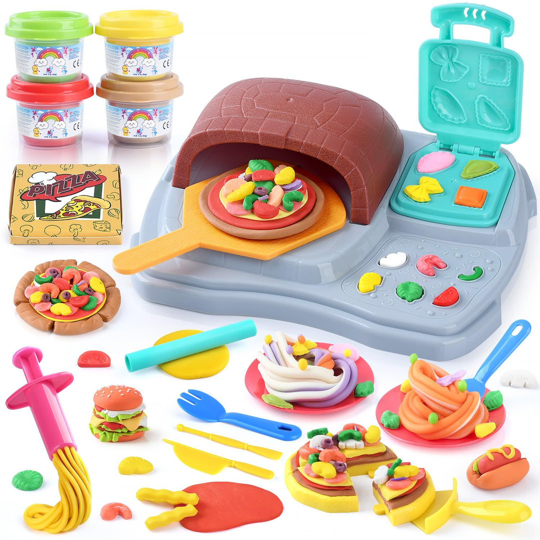 PLAY Pizza Knete Set Zubehör Kitchen Creations, DIY Knete Pizzaofen, Kinderknete Set mit Knetwerkzeu