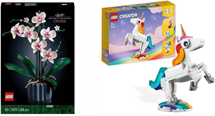LEGO 10311 Icons Orchidee, Künstliche Pflanzen Set mit Blumen & 31140 Creator 3in1 Magisches Einhorn