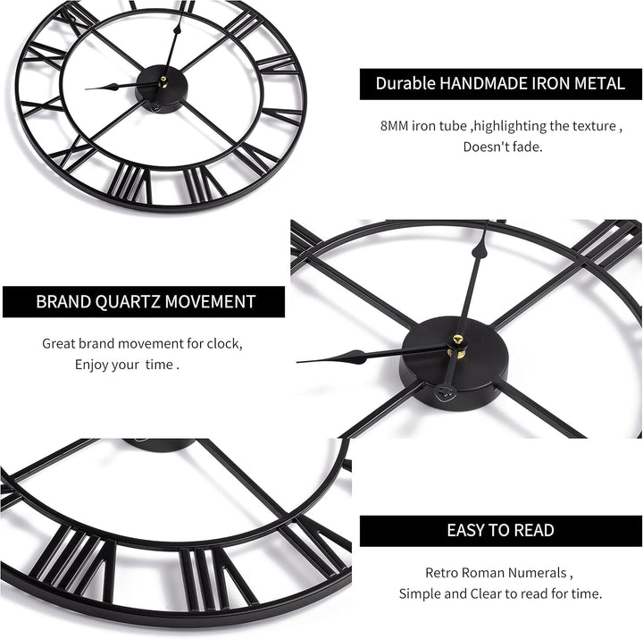 HAITANG Grosse Wanduhr im Vintage-Stil, schwarz Wanduhr rund, Metall Geräuschlos Nicht Tickend, Batt