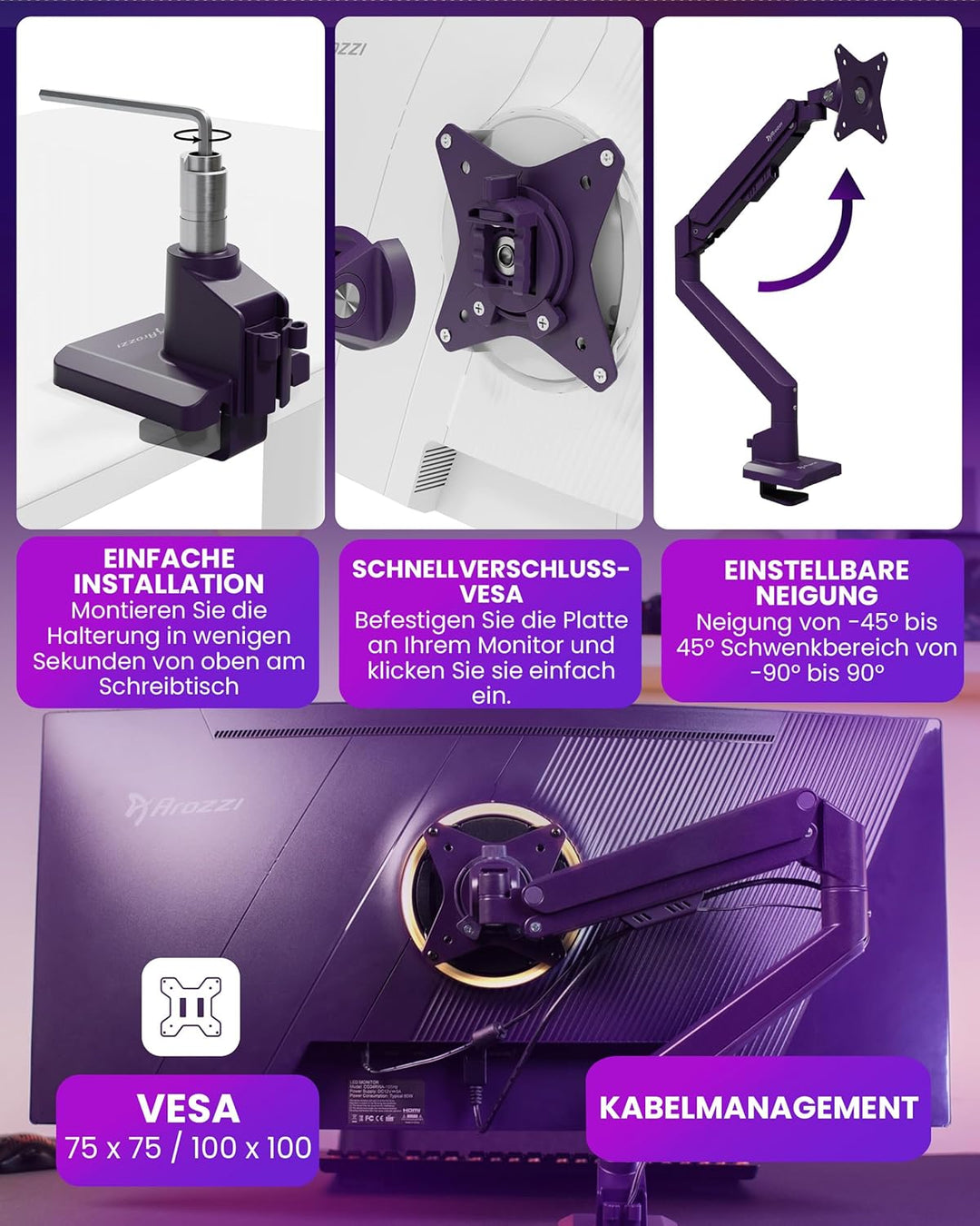 Arozzi Alzare Neo Single Gasdruckfeder-Monitorarm - Vollbewegung, Höhenverstellbar 21–50 cm, VESA 75