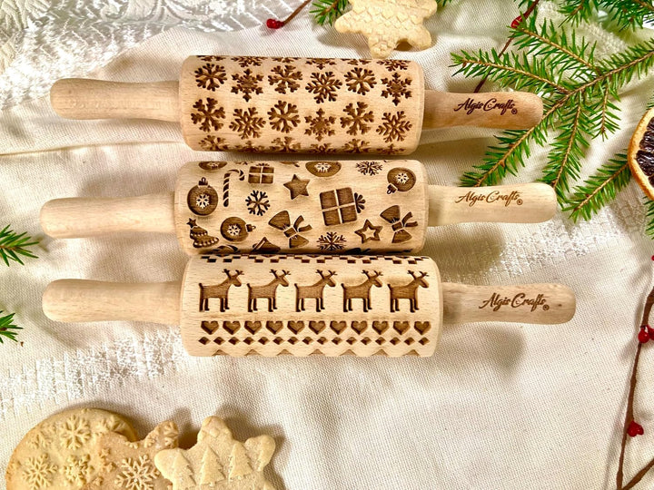Kinder Nudelholz mit Muster Weihnachten Backen 3-er SET - Teigroller Holz für DIY Weihnachten Plätzc