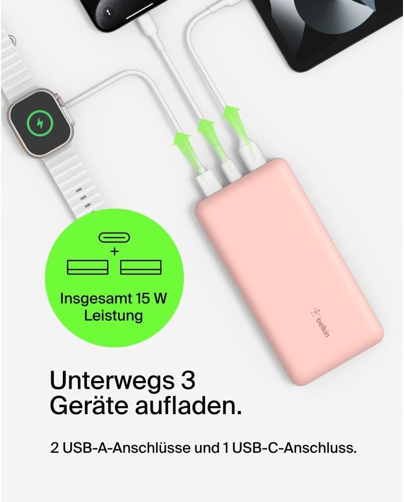 Belkin tragbares USB-C-Ladegerät, 20.000 mAh, 20K Powerbank mit USB-C-Ein-/Ausgang und 2 USB-A-Ansch