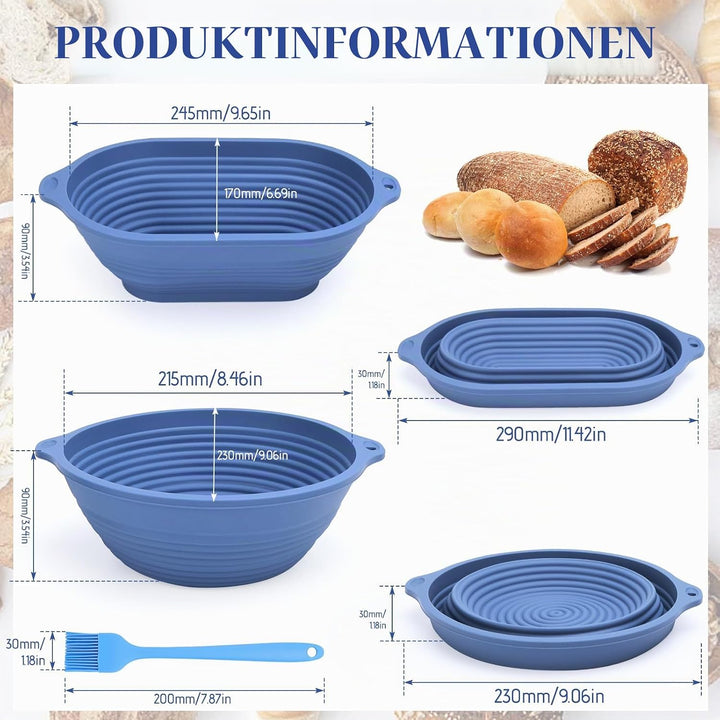 Brot Gärkorb Set: 29cm Gärkörbchen Oval + 23cm Gärkörbchen Rund + Ölpinsel, Faltbarer,mit Aufhängelo