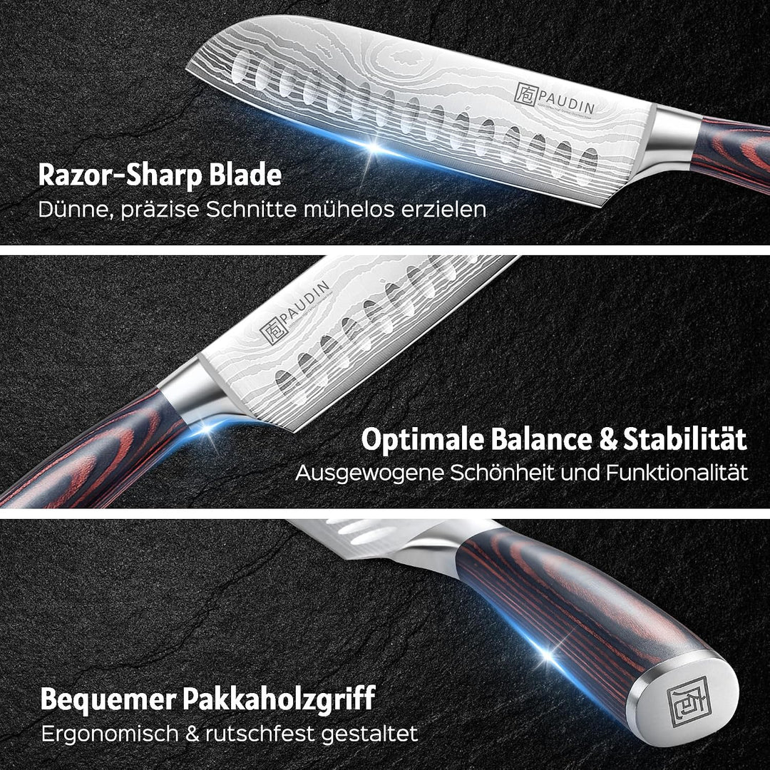 PAUDIN Santokumesser, Klingenlänge17cm Kochmesser aus deutschem Messerstahl, Sushi Messer Küchenmess