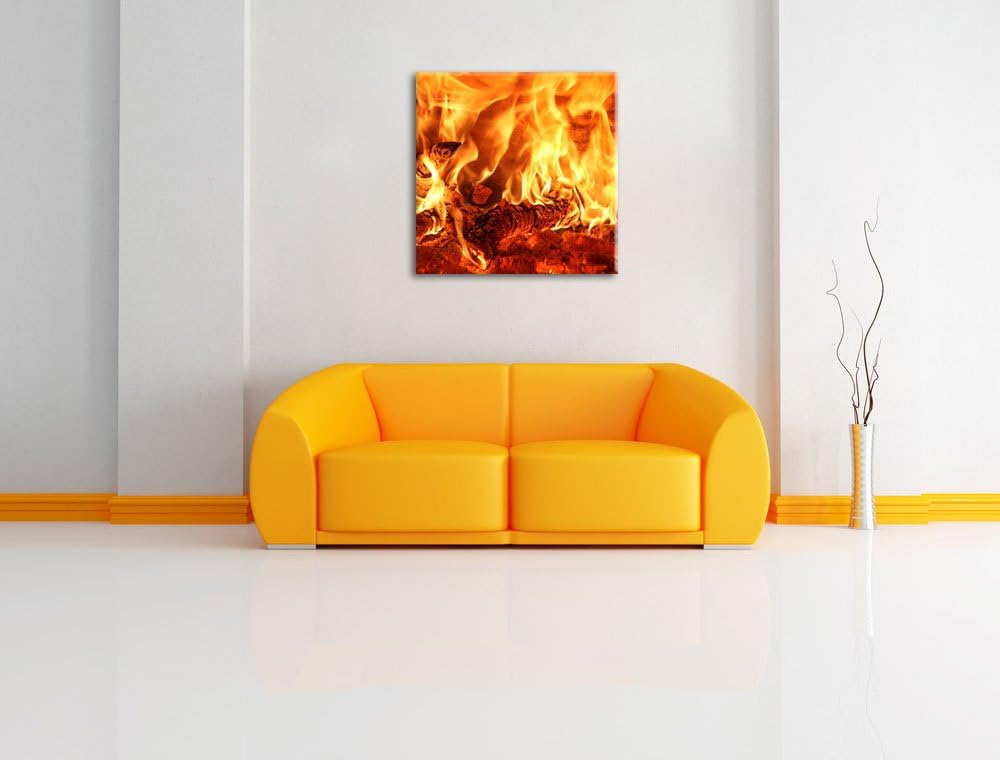 Gemütliches Holz im Feuer, Format: 70x70 auf Leinwand, XXL riesige Bilder fertig gerahmt mit Keilrah