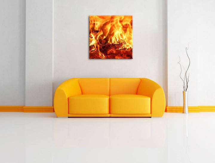 Gemütliches Holz im Feuer, Format: 70x70 auf Leinwand, XXL riesige Bilder fertig gerahmt mit Keilrah