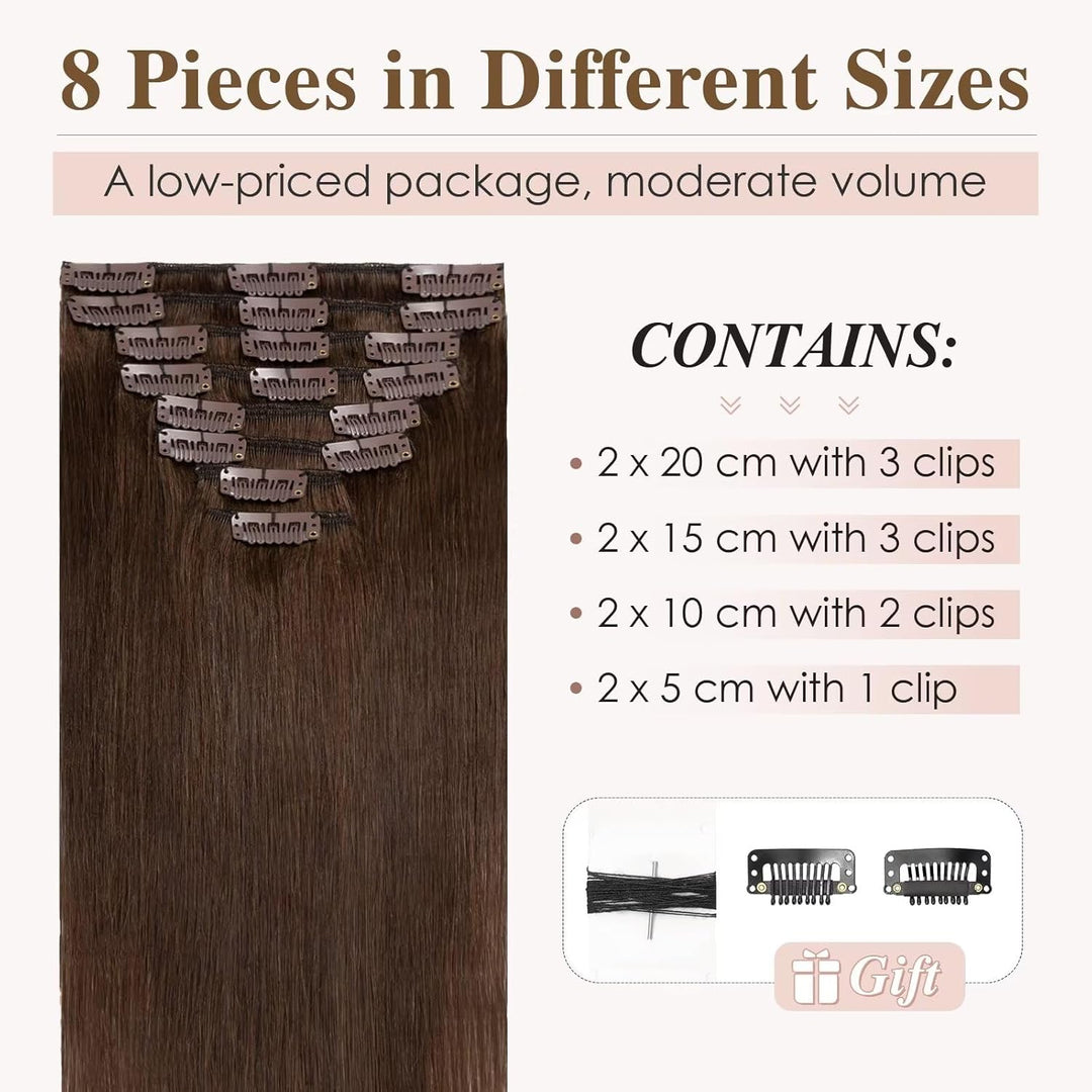 TESS Clip in Extensions Echthaar Braun, Echthaar Extensions Clip 8pcs 25 cm (50 g) Hair Extensions C