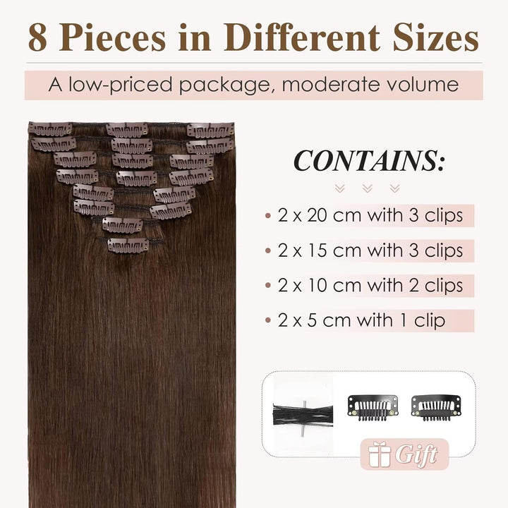 TESS Clip in Extensions Echthaar Braun, Echthaar Extensions Clip 8pcs 25 cm (50 g) Hair Extensions C