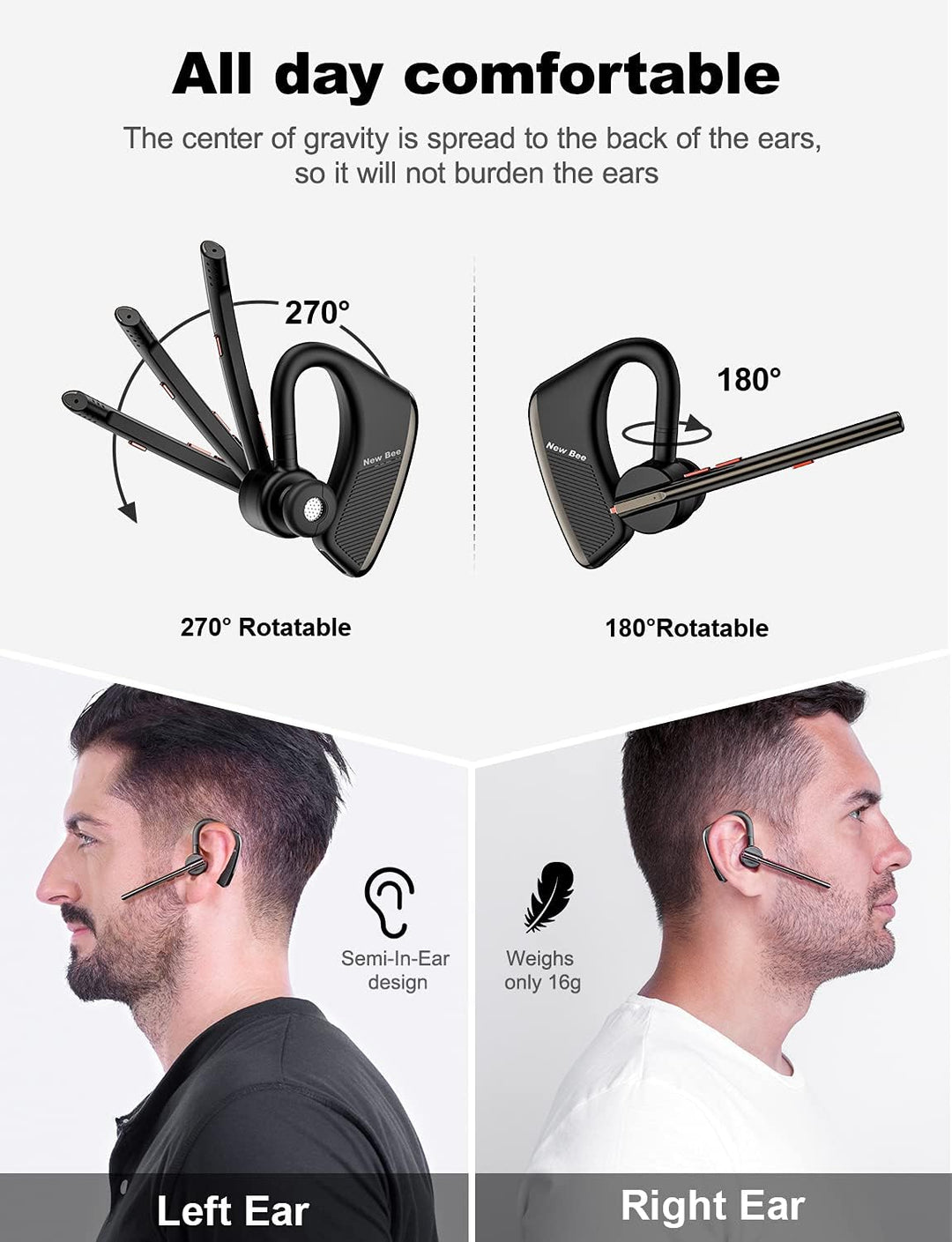 New bee Bluetooth Headset mit Mikrofon Bluetooth V5.2 Wireless Headset 24Hrs Sprechzeit CVC8.0 Dual