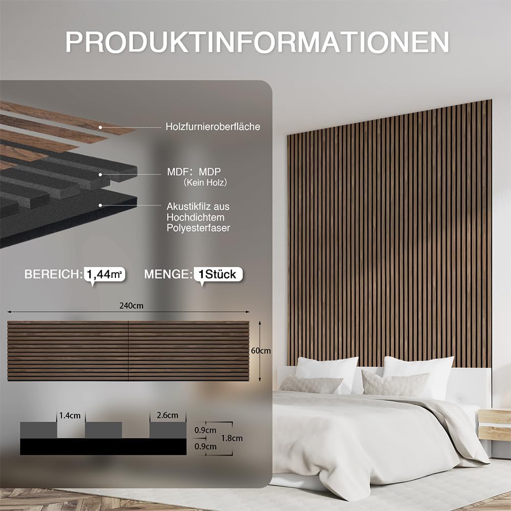 Faltbar Akustikpaneele Holz 240x60cm-1 Stück(1,44m²)|3D Wandpaneele mit Holzfurnier & Filz|Holzpanee
