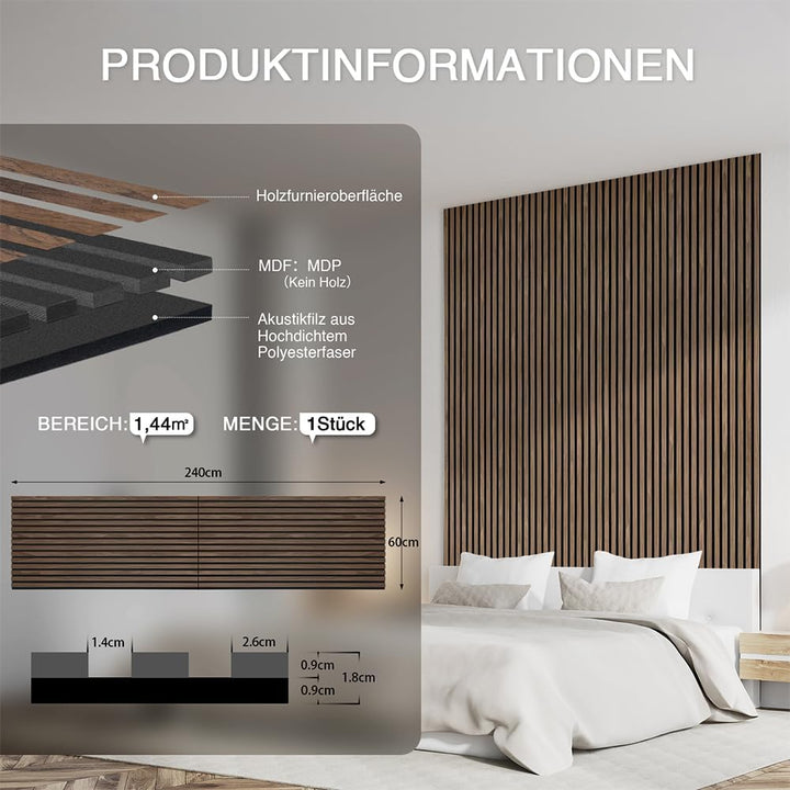 Faltbar Akustikpaneele Holz 240x60cm-1 Stück(1,44m²)|3D Wandpaneele mit Holzfurnier & Filz|Holzpanee