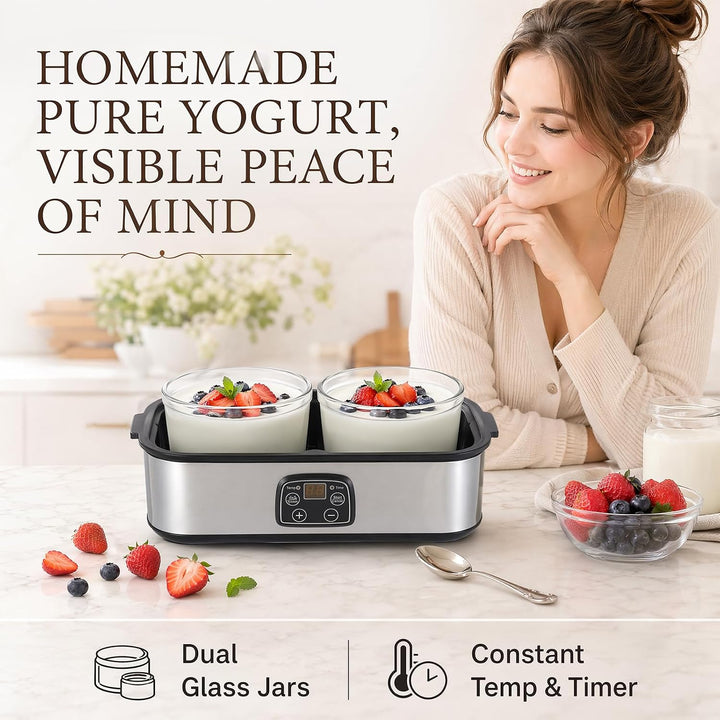 Automatischer Joghurtmaschine, 2L Einstellbare Temperatur &amp; Timer, Joghurtbereiter mit 2 Gläsern, Jo