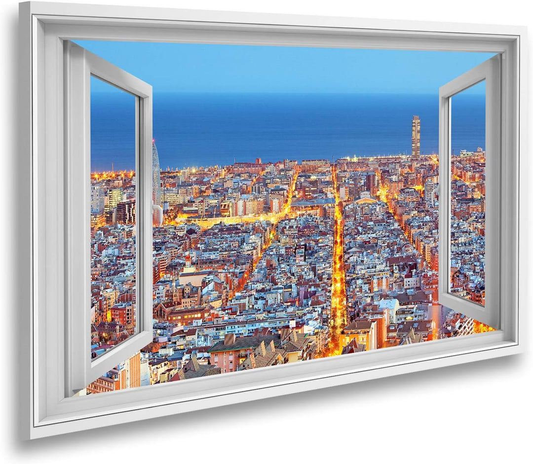 islandburner Bild auf Leinwand Fensterblick Barcelona Skyline Luftaufnahme bei Nacht Spanien Sagenha