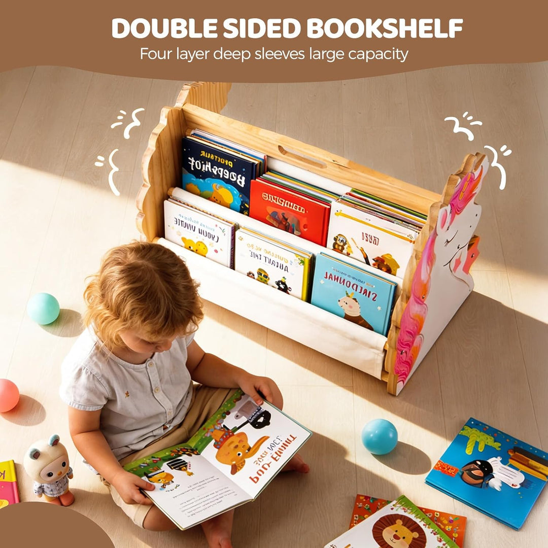 Kinder Bücherregal Holz mit 2 Etagen Bücherdisplays, Montessori Bücherregal Kinder, Kinderregal, Büc