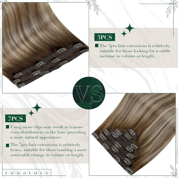RUNATURE Echthaar Extensions Clip Balayage Braun Blond 25cm 3Pcs Clip in Extensions Echthaar Balayag