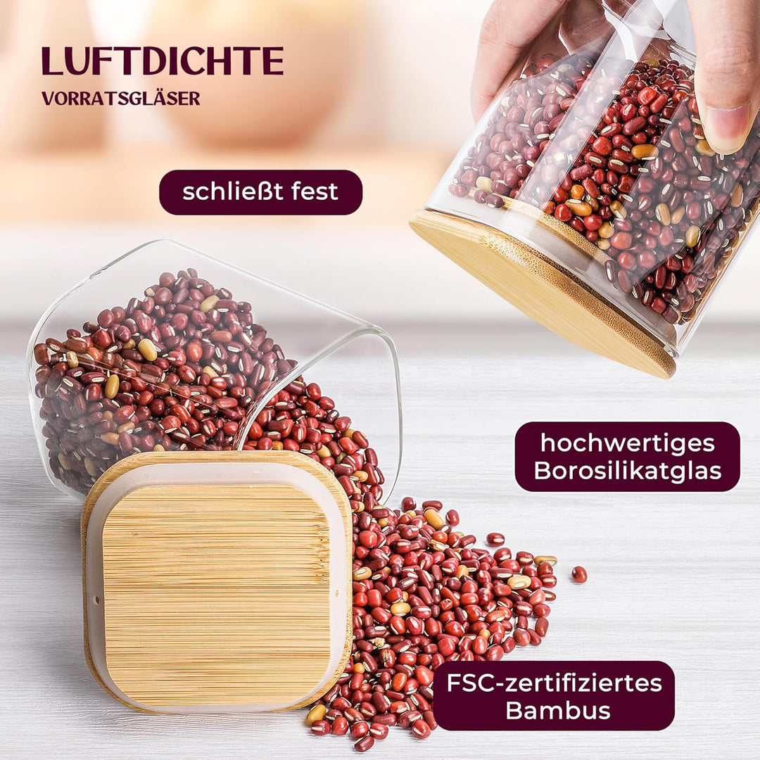 Premium Vorratsgläser eckig [650 & 1050 ml] Extra Robust | Vorratsdosen Glas mit Deckel | Vorratsbeh
