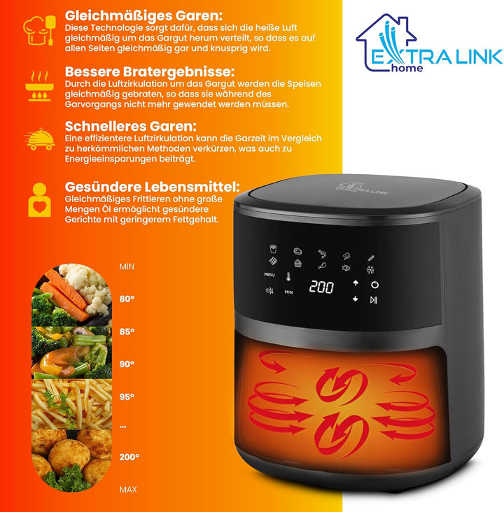 Extralink 1400W Airfryer 4.2L - Heissluftfritteuse mit 10 Kochfunktionen, Friteuse Heissluftfritteus