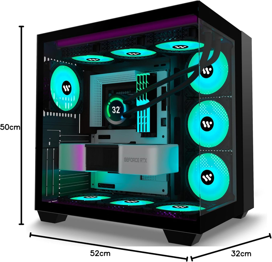KEDIERS PC Gehäuse- vorinstalliert 9 ARGB-Lüfter, ATX Mid Tower Gaming Gehäuse, mit doppeltem gehärt