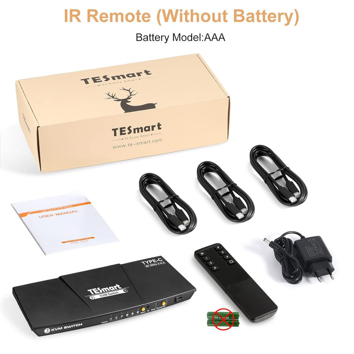 TESmart 3 Port USB Type C KVM Switch 4K@60Hz 4:4:4 Ultra HD | 3x1 USB C KVM-Umschalter 3 in 1 out Un