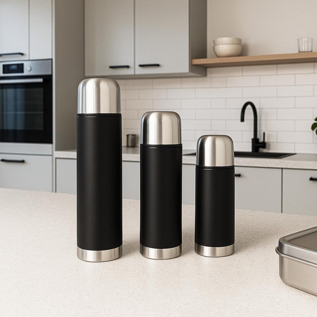 GRÄWE Isolierflaschen-Set 3-teilig Edelstahl 0,35 Liter,0,5 Liter und 1 Liter - schwarz 1000 ml, 500