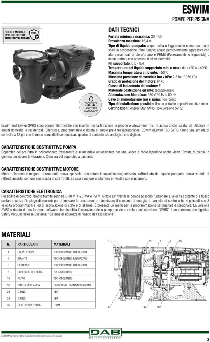 DAB ESWIM 150 M SVRS 1,5 HP Elektronische energieeffiziente einphasige Poolpumpe mit Inverter
