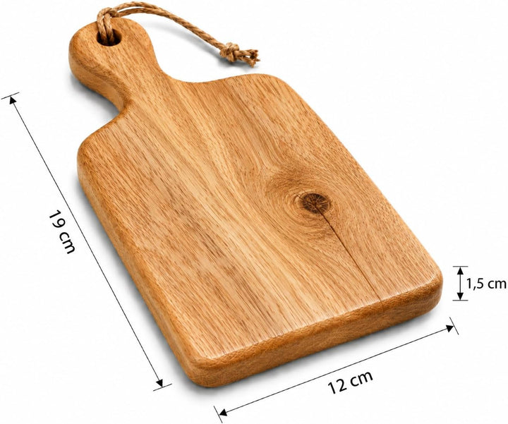 Stilvolle mini Holz-Servierbretter mit Griff und Aufhängung, 19 x 10 x 1,8 cm, für Tapas, Snacks, Ge