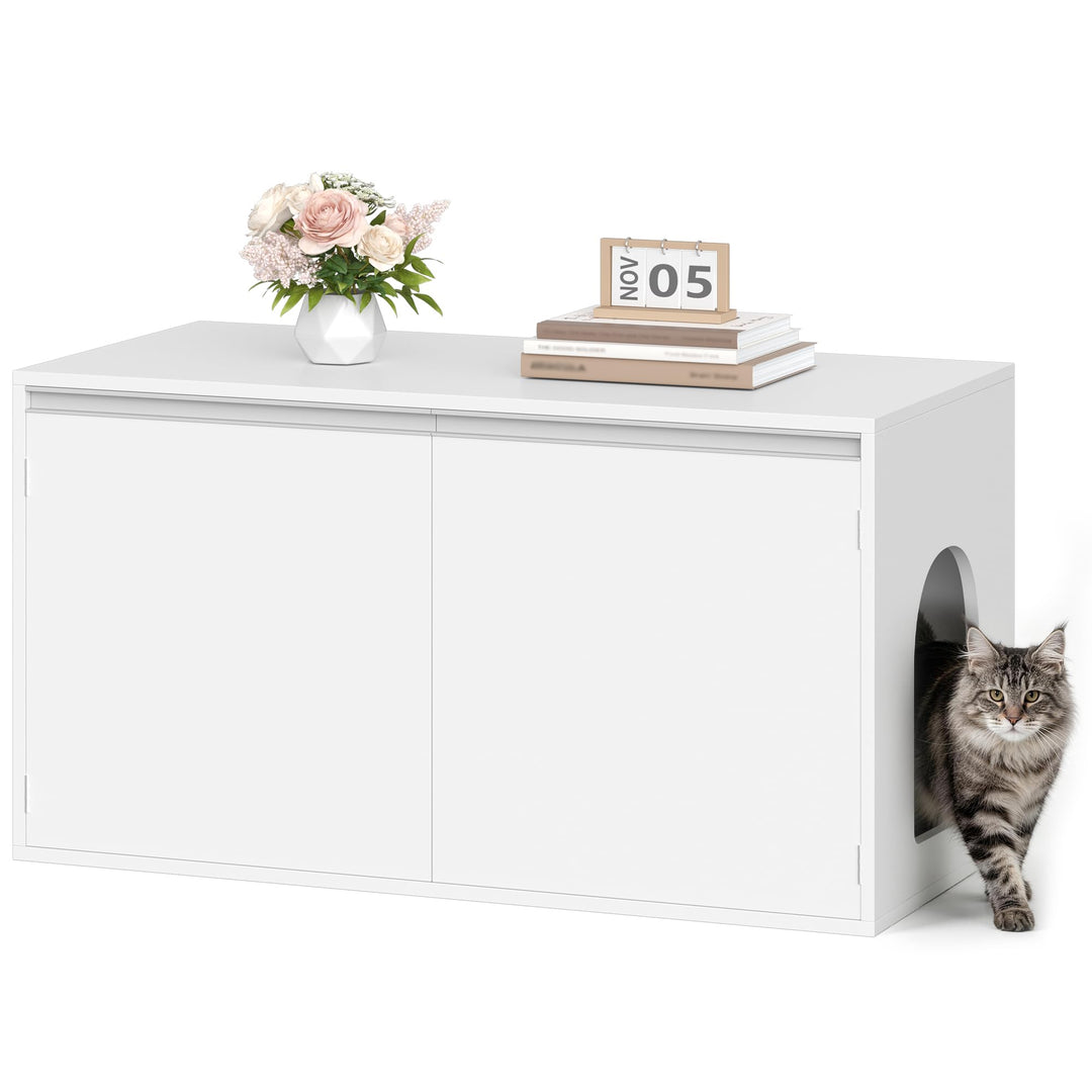 Hzuaneri Katzenschrank, 100cm Katzenklo Schrank Abnehmbarer Trennwand, Weiss | Katzenhaus Verstellba