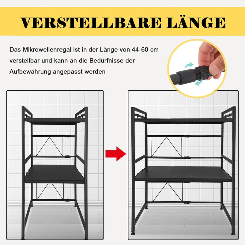 UISEBRT Erweiterbares Mikrowellen Regal mit 8 Haken, 3-Stufiges Mikrowellenständer Standregal Mikrow