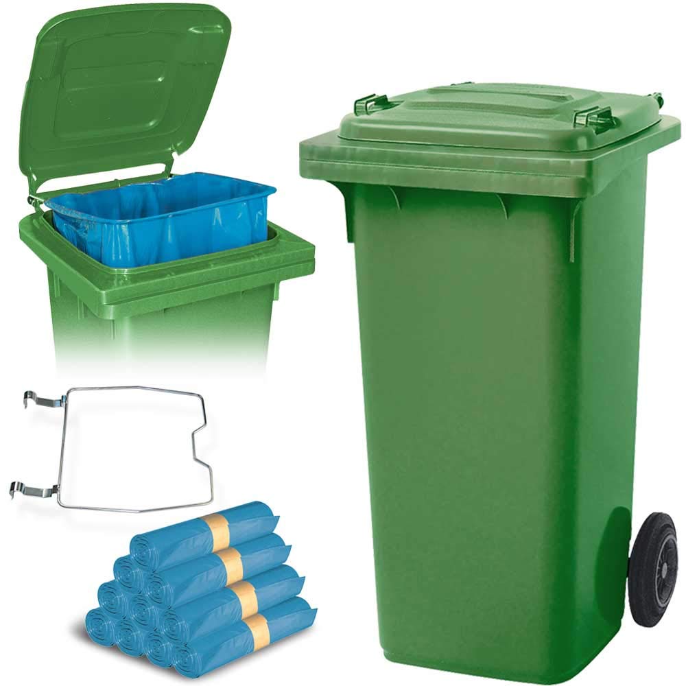 BRB 120 Liter Mülltonne mit Halter für Müllsäcke, inkl. 250 Müllsäcke (grün), grün