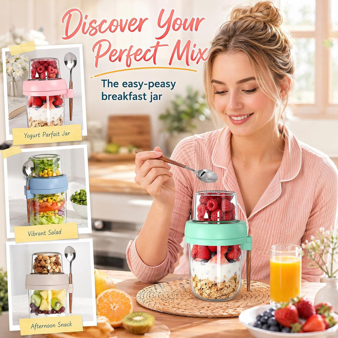 4er Müslibecher To Go mit Löffel, Overnight Oats Gläser, Joghurtbecher mit Doppelschicht-Design, Tro